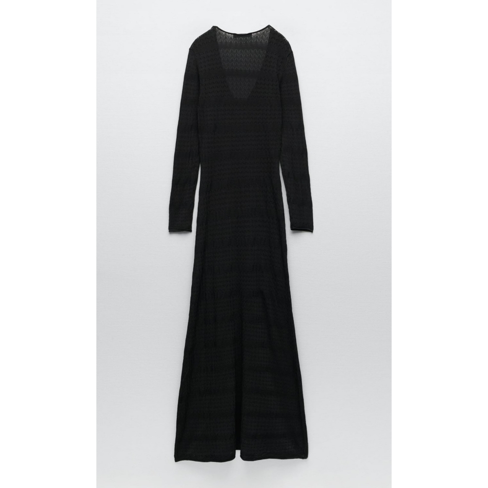 ZARA // ltd ed black pointelle knit plunge long sleeve a-line maxi dress - Picture 12 of 16